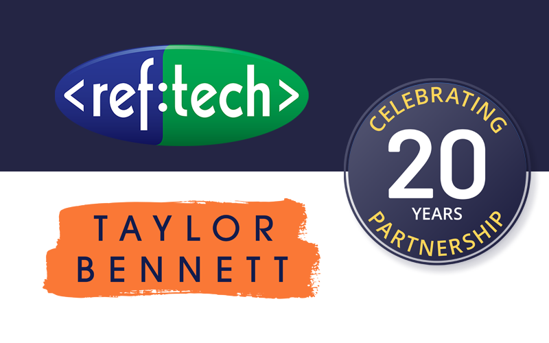 RefTech logo and Taylor Bennet logo celebrating 20 years of partnership