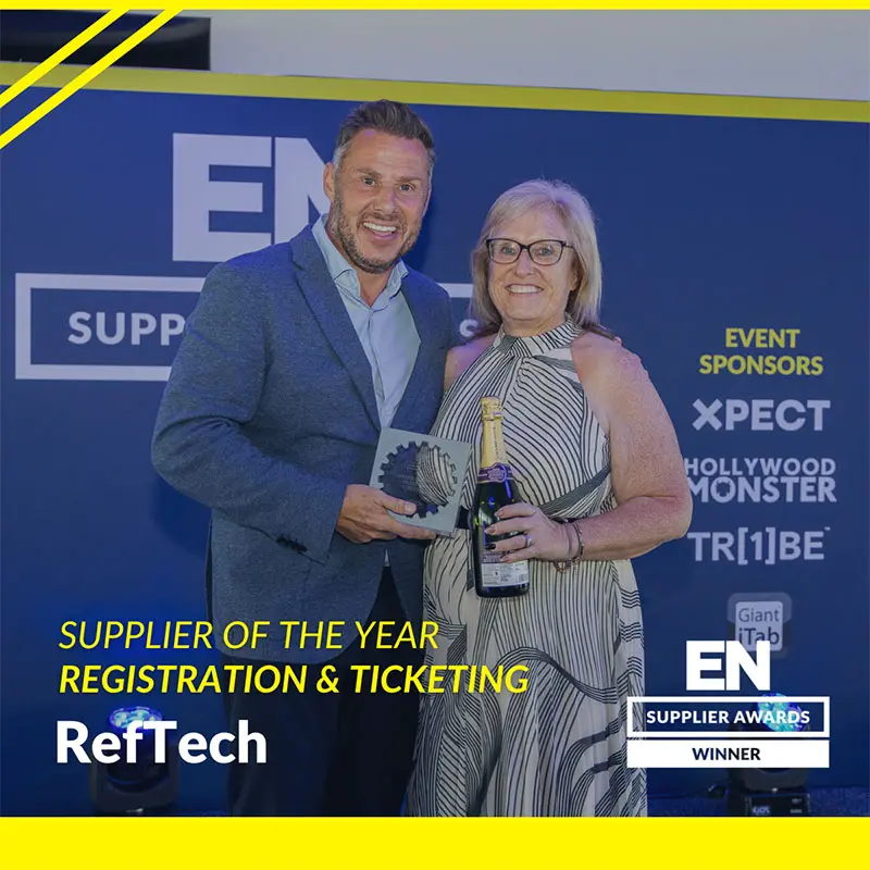 Margaret Reeves collecting winning trophy at 2023 EN Supplier Awards ceremony