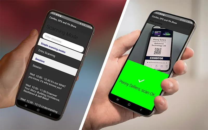 ScanPod Mobile on smartphones, one displaying a successful badge scan, the other showing session scanning