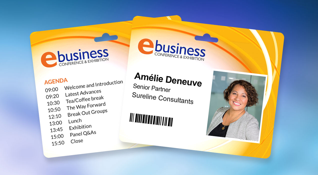 Printed badge showing various content types