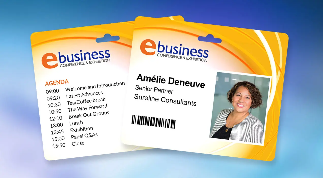 Printed badge showing various content types