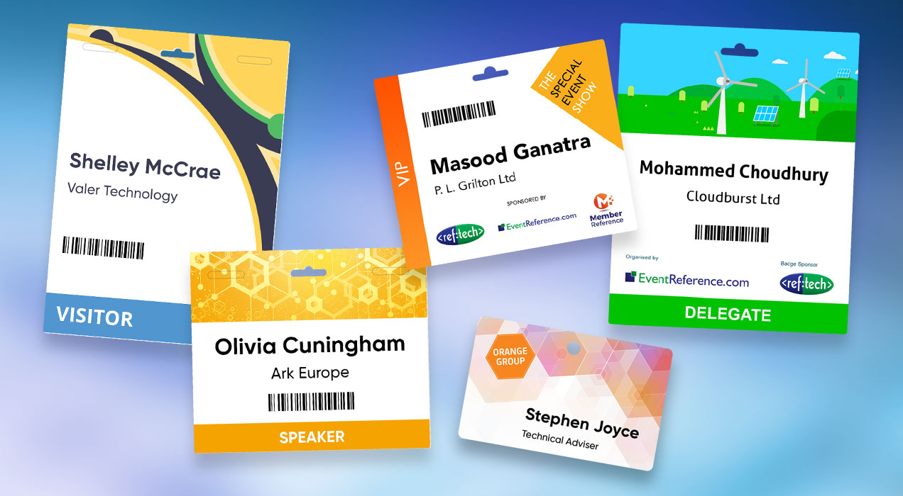 Examples of plastic cards, butterfly badges, fanfold, and folded paper badges