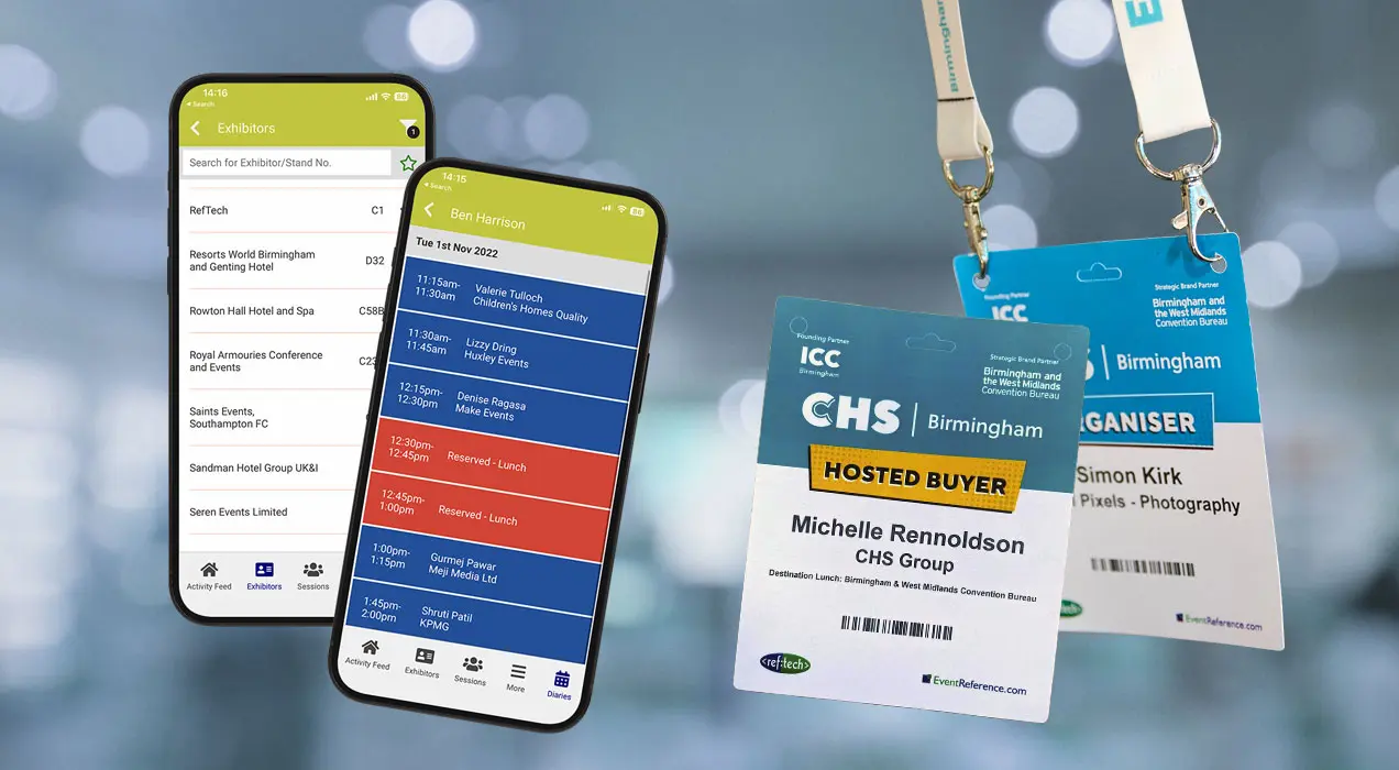EventReference event app on a phone plus event badges