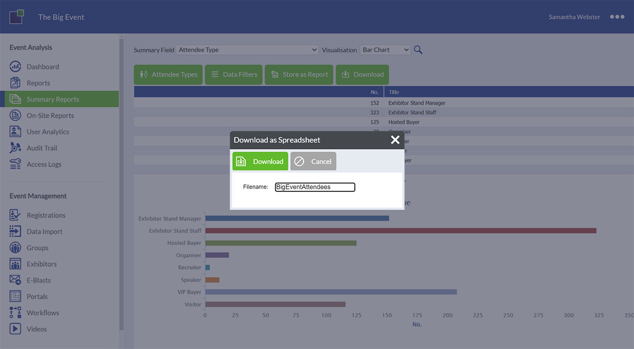 Choosing report to download as a spreadsheet