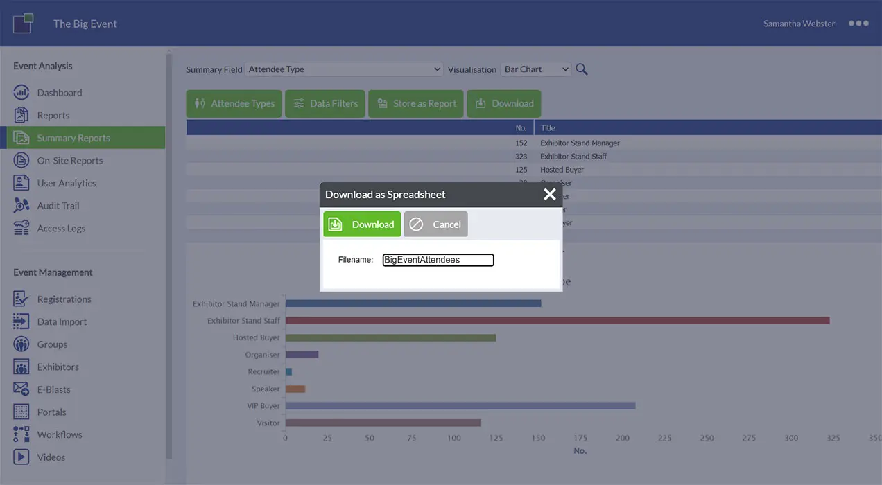 Choosing a report to download as a spreadsheet