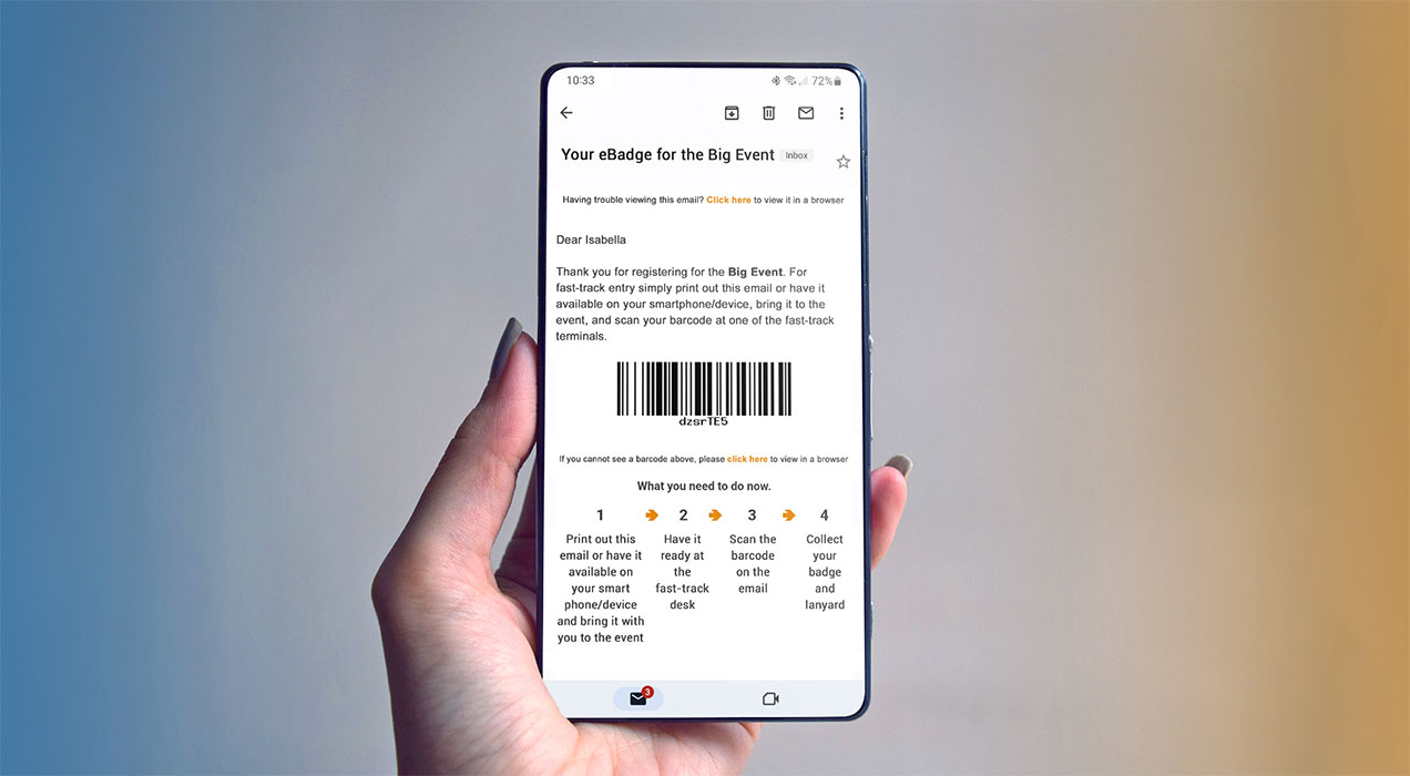 E-badge on mobile device ready to scan and print badge