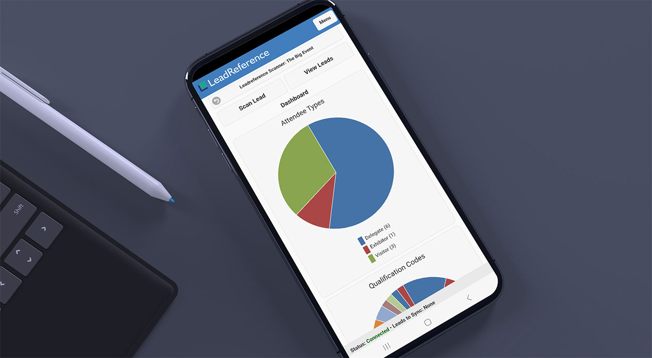 LeadReference app on mobile phone showing attendee statistics
