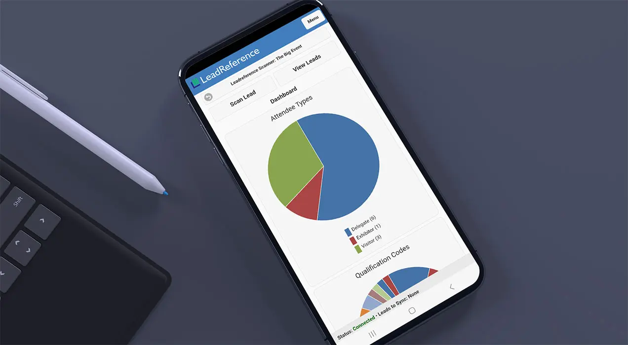 LeadReference app on mobile phone showing attendee statistics