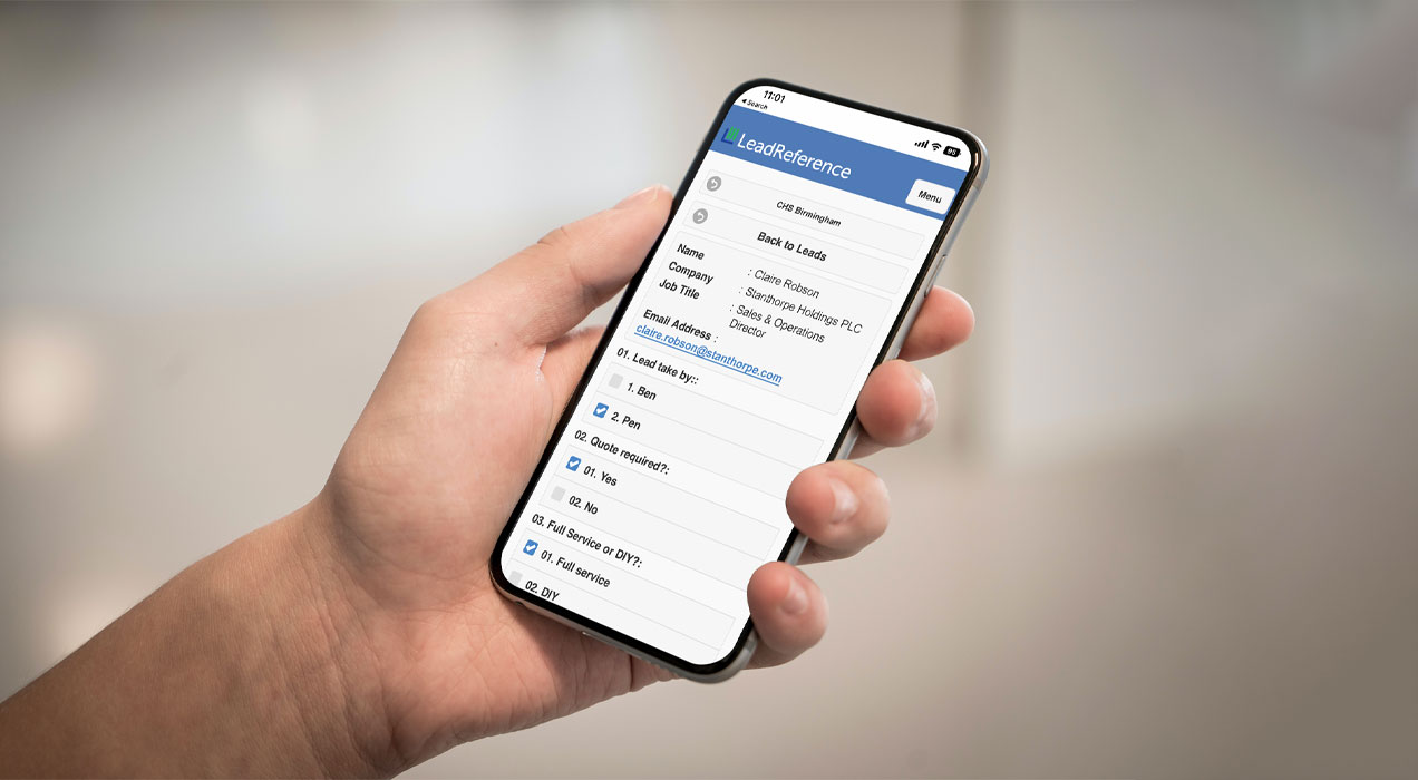 LeadReference app on mobile phone showing attendee statistics